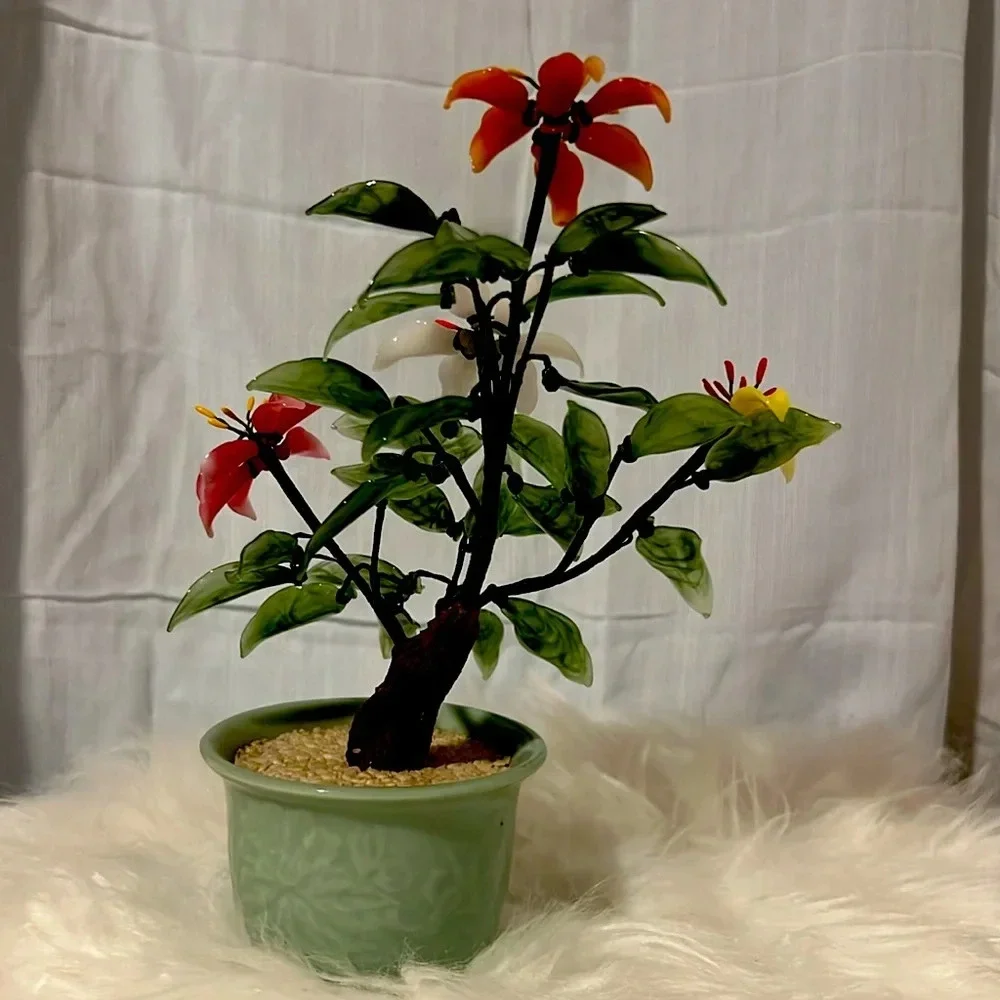 Vintage Jade Glass Flowering Bonsai